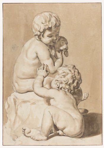 Twee kinderen met een hond by Nicolaas Verkolje