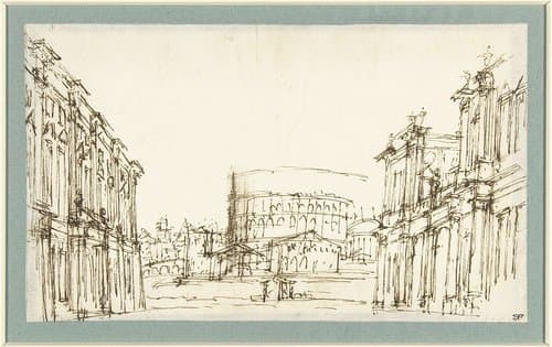 Fantasiearchitectuur met doorkijk op het Colosseum