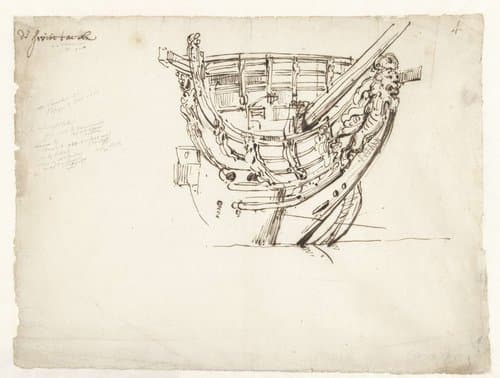 Boeg van het Engels schip Sweepstakes by Willem van de Velde (II)