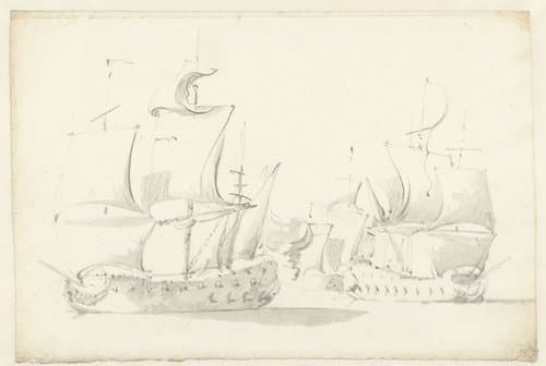 Drie in gevecht gewikkelde schepen by Willem van de Velde (II)