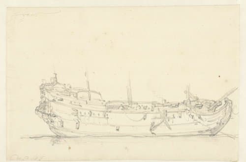 Romp van een Frans schip, van opzij by Willem van de Velde (II)