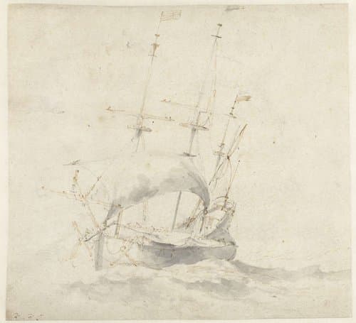 Fluitschip op onrustige zee by Willem van de Velde (II)
