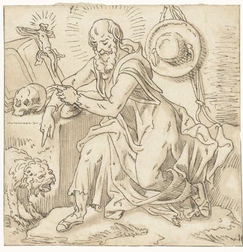 Heilige Hieronymus gezeten bij een crucifix by Pieter Aertsen