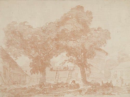 Boerenerf met twee bomen, waartussen ladders staan by Jean Honoré Fragonard