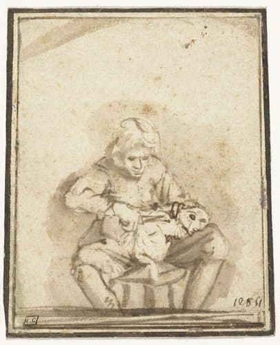 A Boy Trimming his Dog’s Coat by Abraham van Dijck