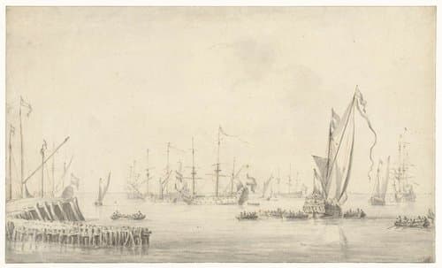 Jacht bij een vloot by Willem van de Velde (I)