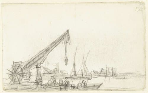 Rivieroever met een hijskraan en enkele boten by Jan van Goyen