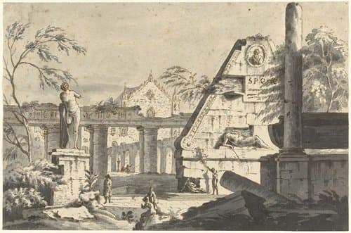 Landschap met antieke ruïnes van gebouwen en beelden by Giovanni Paolo Pannini