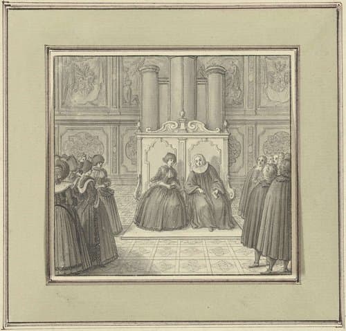 Man en vrouw in monumentale bank zittend tussen staande mensen by Catharina Heckel- Sperling