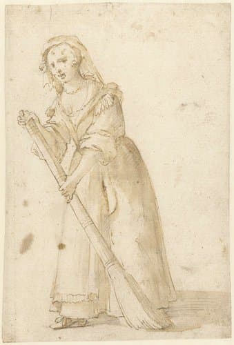 Staande vrouw met een bezem by Giovanni Girolamo Balzani
