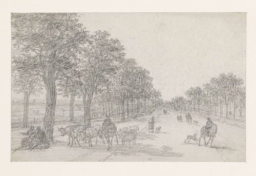 Boomrijke weg met een herder met kudde by Georges Michel