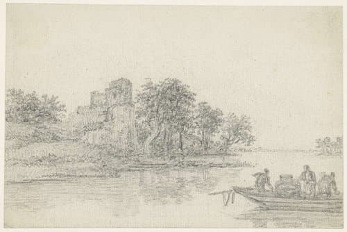 Veerpont van een rivier; links een ruïne by Georges Michel