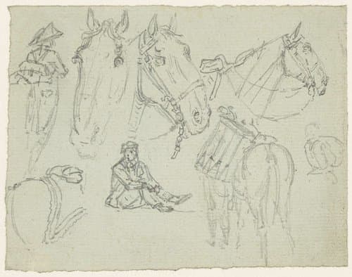 Paardenhoofden en schetsen van soldaten by Georges Michel
