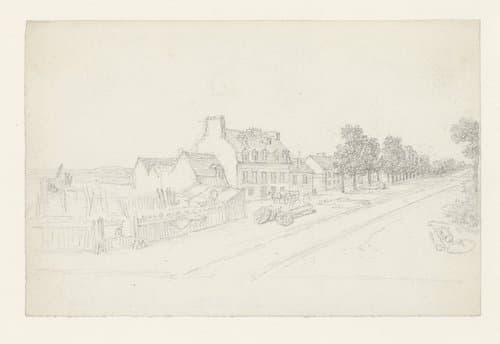 Huis met timmerwerf aan een straatweg by Georges Michel