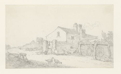 Boerderij; rechts daarvan een afdak voor een wagen by Georges Michel