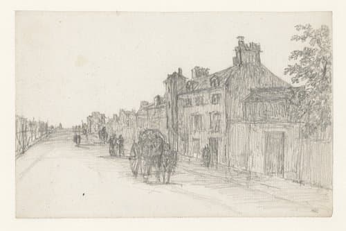 Straatweg met sleperskar; rechts huizen by Georges Michel
