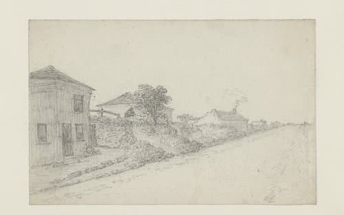 Huizen in een hoge weggekant by Georges Michel