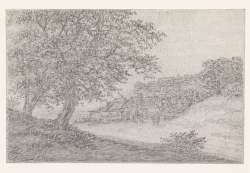 Weg tussen heuvels, rechts een dorp by Georges Michel