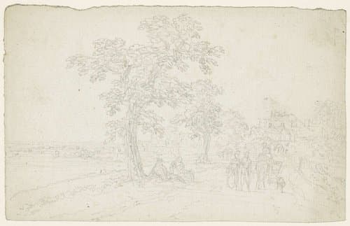Wandelaars en een rustend paar op een landweg by Georges Michel