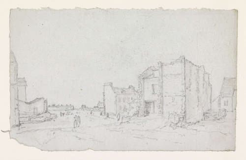 Half afgebroken huizen aan de rand van de stad by Georges Michel