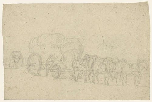 Zes span paarden voor een hoog opgeladen vrachtwagen by Georges Michel