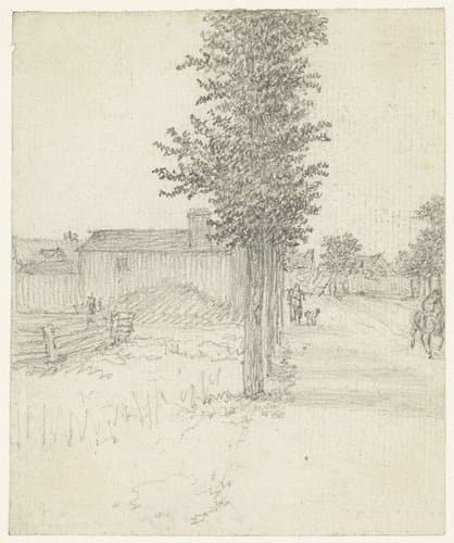 Landwegje met bomen links en enige huizen aan dezelfde kant by Georges Michel