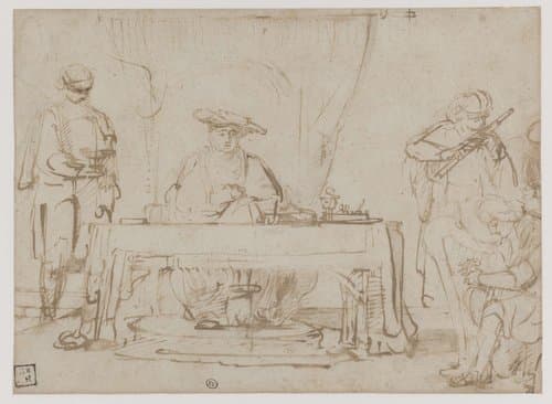 David speelt harp voor Saul, met een bediende en andere muzikanten by Willem Drost