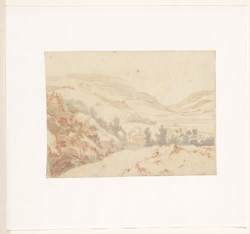 Heuvellandschap met gezicht op een dorpje by Jan Griffier (I)