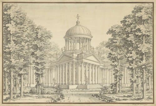 Paleis met open koepel op kolommen en met vele beelden