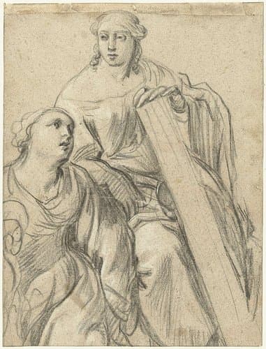 Twee vrouwenfiguren, zittend naar rechts by Simon Vouet