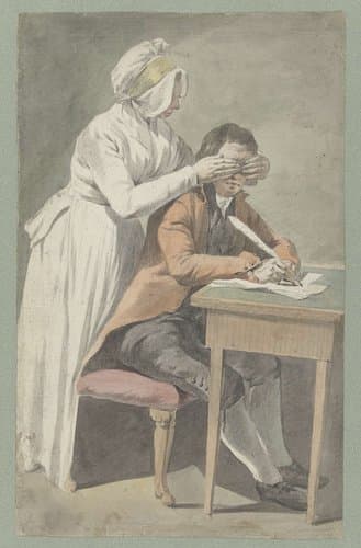 Meisje bedekt de ogen van een jongeling by Etienne Jeaurat
