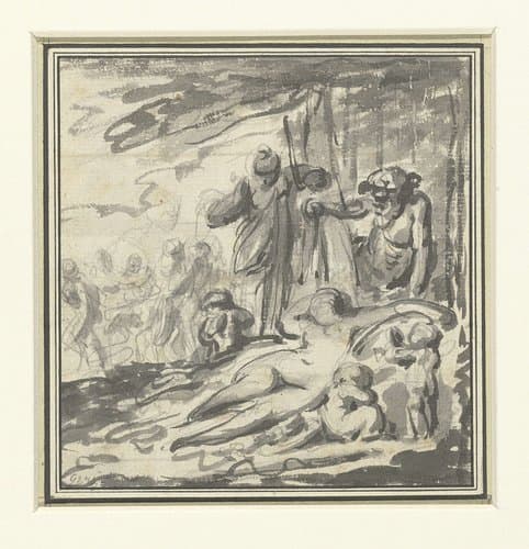 Bacchus tilt een doek op van een slapende vrouw by Philippe Caresme
