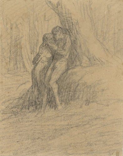 Vrijend boerenpaar onder een zware boom by Charles Emile Jacque