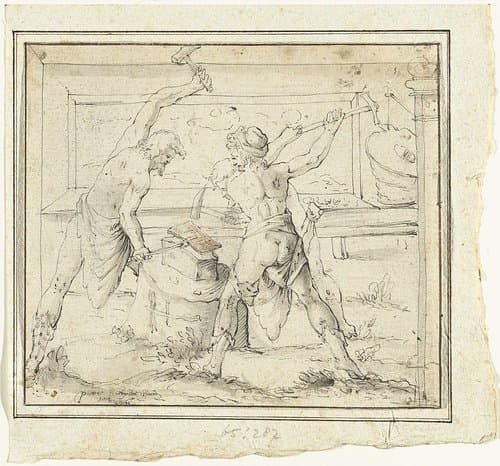 Smidse met drie smeden by Pierre Antonie Barod