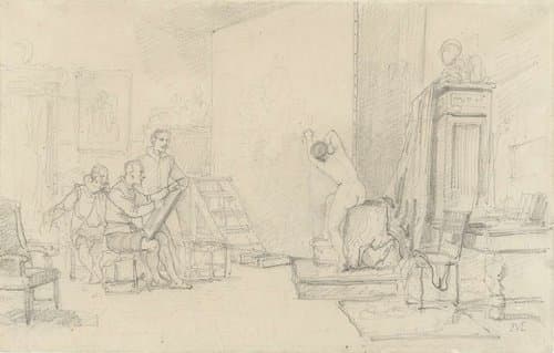 Drie kunstenaars in een zeventiende-eeuws interieur