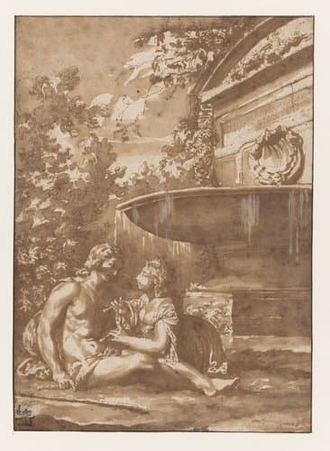 Idylle bij een fontein by Jan de Bisschop