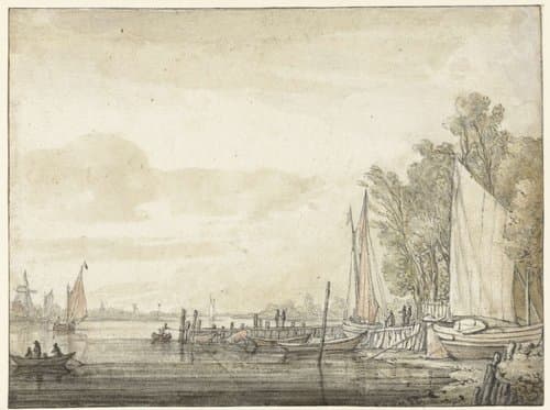 Boten bij een steiger in een rivier by Aelbert Cuyp