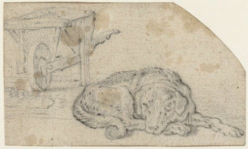 Hond liggend bij een kruiwagen by Cornelis Saftleven
