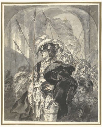 Feestelijk uitgedoste figuur omringd door jongens by Jürgen Ovens