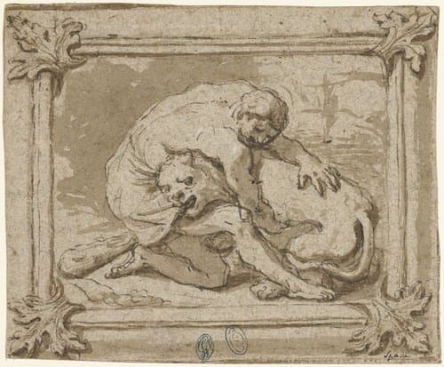 Hercules in gevecht met de Nemische leeuw by Lionello Spada
