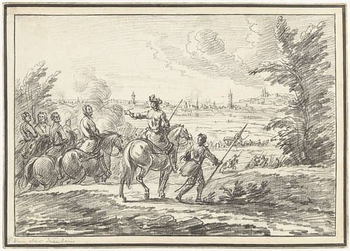Ruiters op een heuvel voor een stad