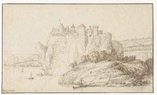Burcht op een rots in een rivierlandschap by Abraham Furnerius