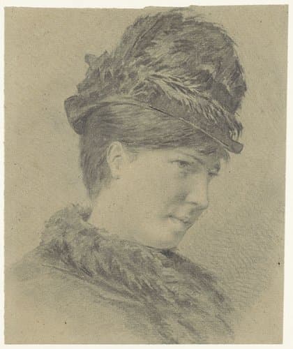 Portret van een jonge vrouw met hoed met veren by Hans Makart