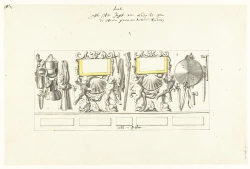 Interieurdecoratie van statenjacht met trofeeën by Pieter Jansz. Post