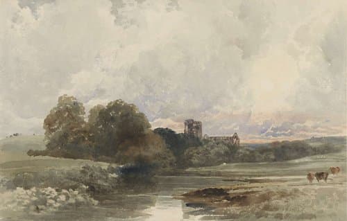 Avondlandschap met de ruïne van Kirkstall Abbey, Yorkshire by Peter de Wint