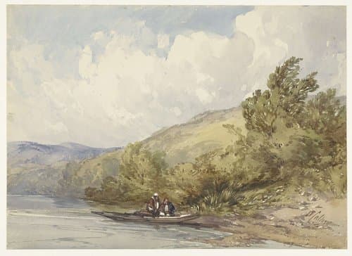 Heuvellandschap met een meer en een boot met twee figuren by William Callow
