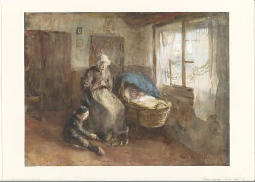 Interieur met een vrouw bij een wieg en een jongetje op de grond