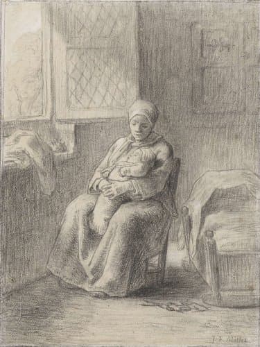 Zittende vrouw met baby bij een open raam by Jean François Millet