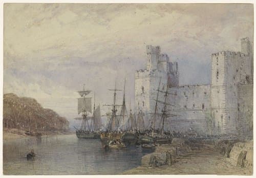 Landschap met schepen voor Caernarvon Castle by William Callow