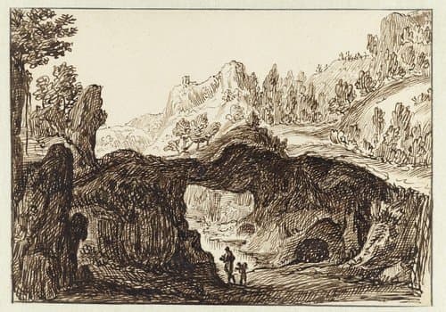 Rotsachtig berglandschap met op de voorgrond twee reizigers by Jan van Almeloveen
